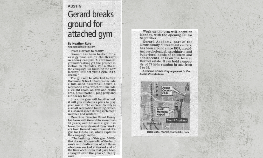 News clipping about the new Nexus-Gerard gym.